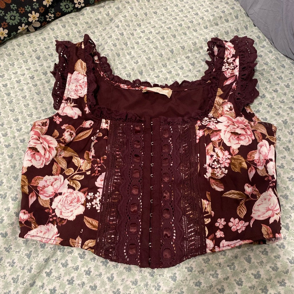 Altar'd State Burgundy and Pink Floral Blouse